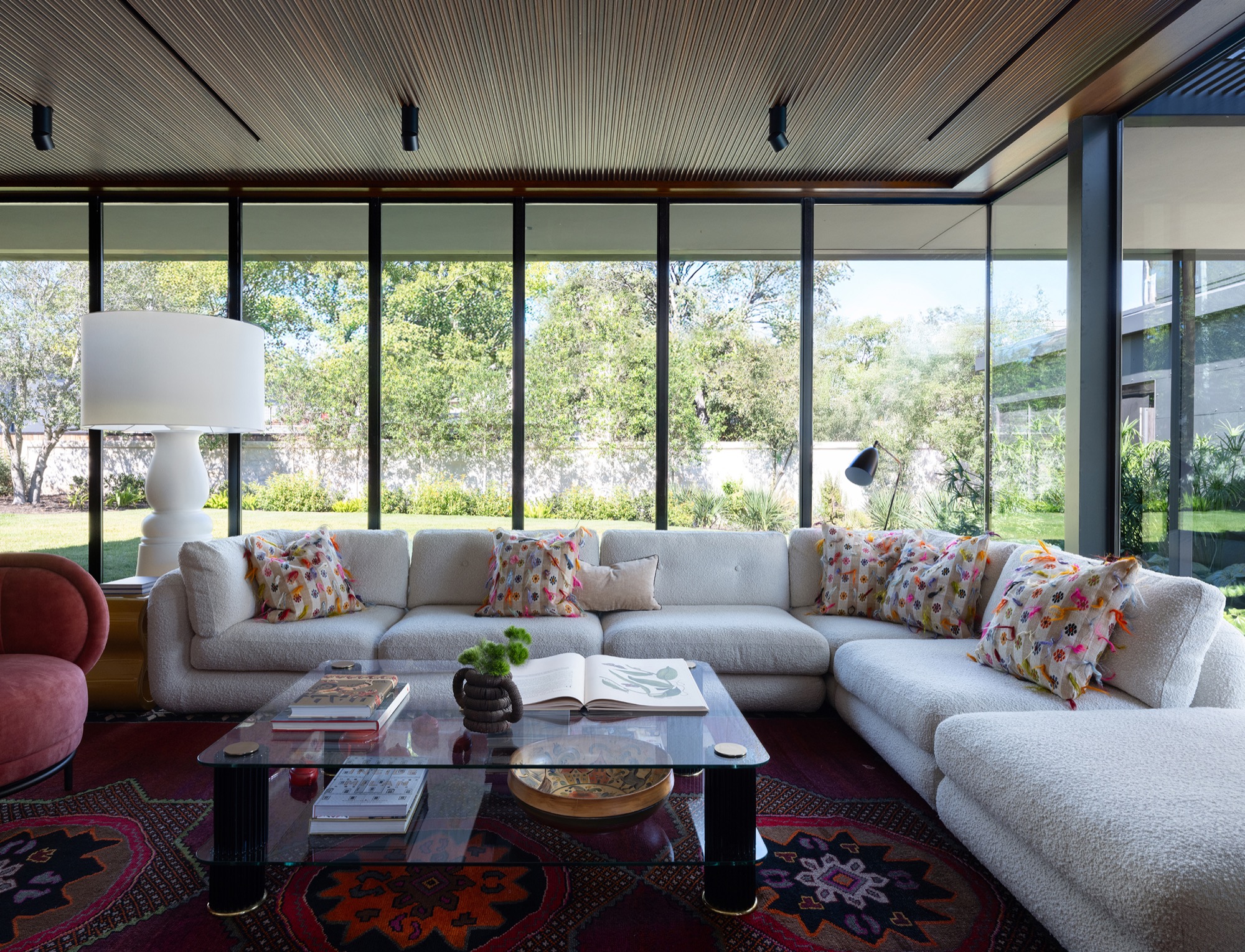 Victorian House interior with stone wall and steel windows in Austin, Texas
